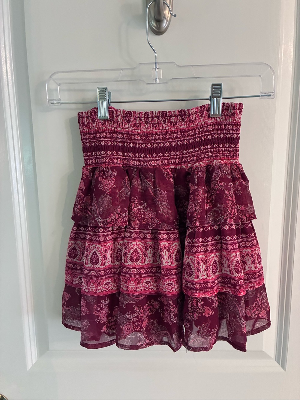 Aqua Burgundy & Pink Paisley Tiered Smocked Skirt